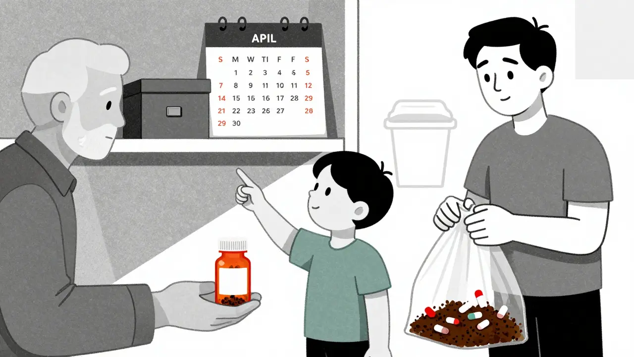 Family interacting with labeled meds, locked box, and expired pills being disposed of properly