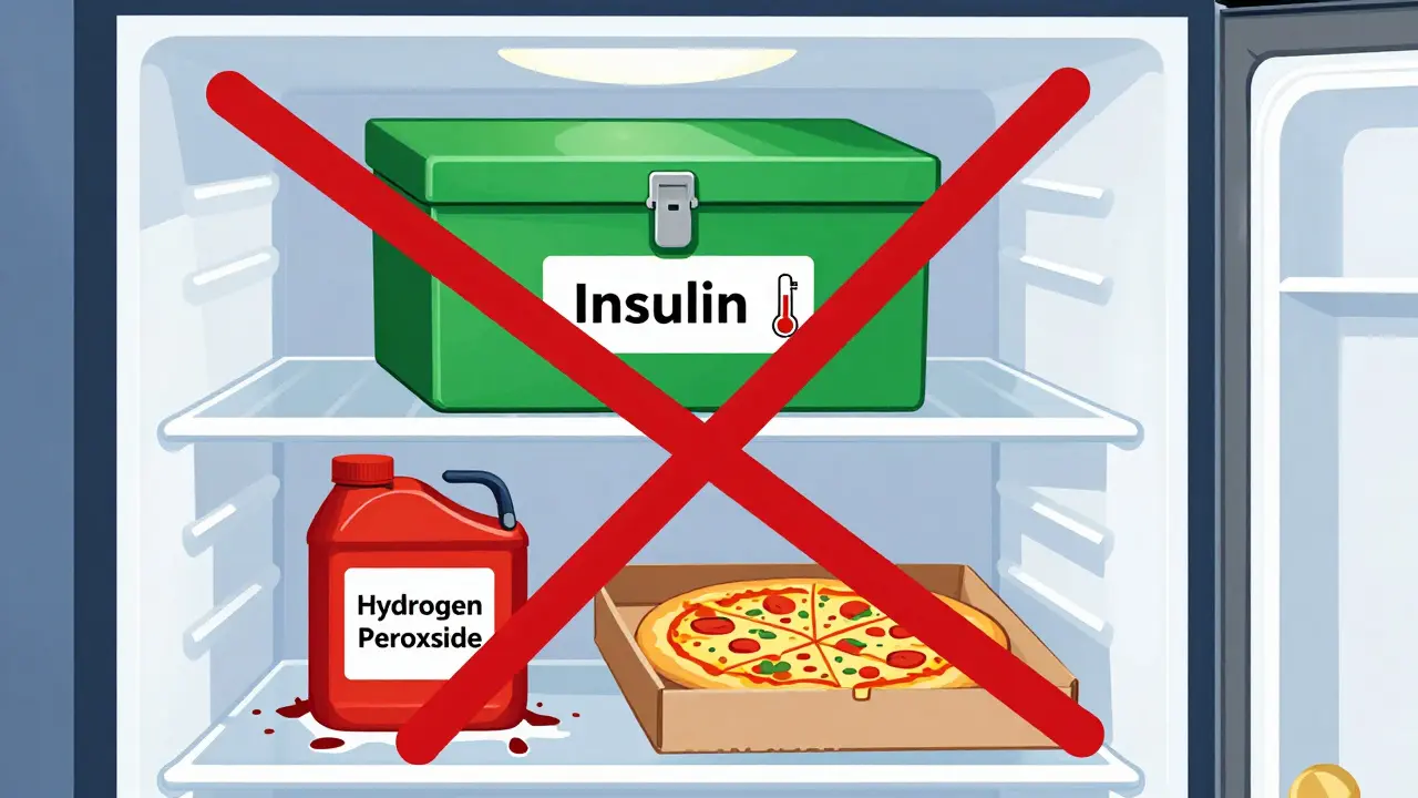 Fridge with sealed green med box on middle shelf, red chemical container leaking below, red slash separates food and chemicals