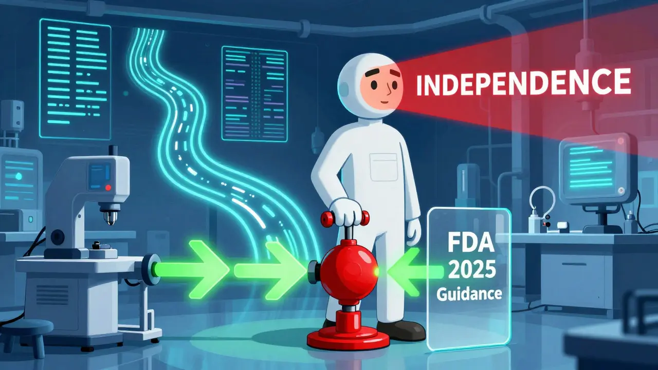 Human QA figure halts AI data streams with an independence brake in a futuristic pharmaceutical lab.