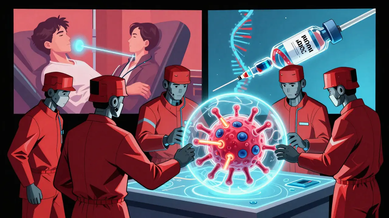Medical team controlling a glowing tumor model with immunotherapy and vaccine pathways in angular design