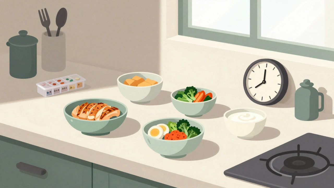 Minimalist meals and pill organizer on a counter, representing careful dosing and meal planning.