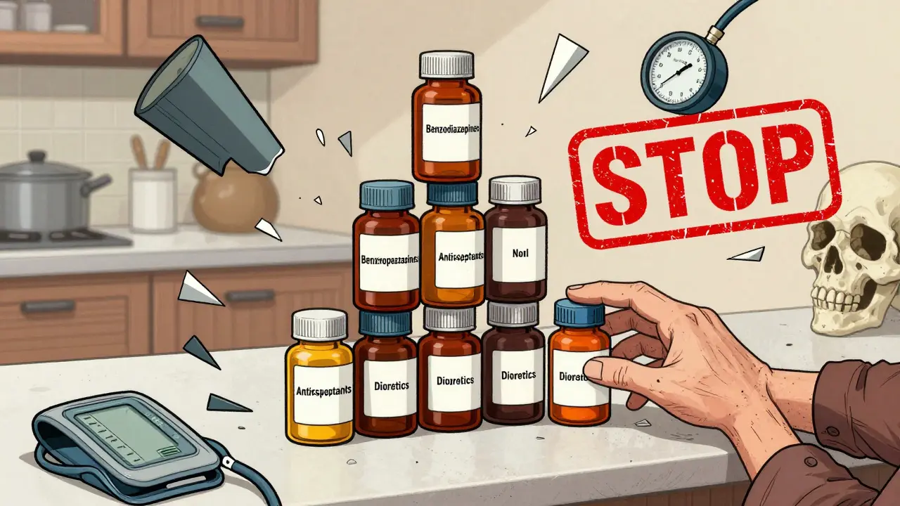 Nine medication bottles arranged in a pyramid on a counter, fragmented body parts and medical symbols breaking apart around them.