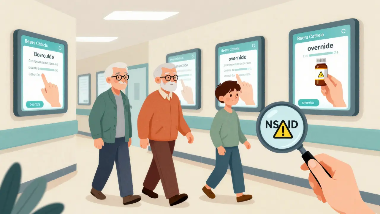 Older adults walking past digital Beers Criteria alerts in a hospital, with a magnifying glass revealing hidden risks on a pill bottle.