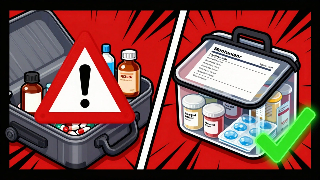 Organized medical supplies vs chaotic unlabeled bottles at airport checkpoint