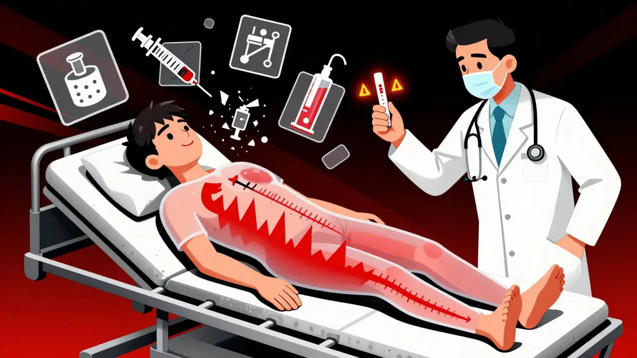 Patient with visible ketone spikes and doctor holding warning test strip in Constructivist style.