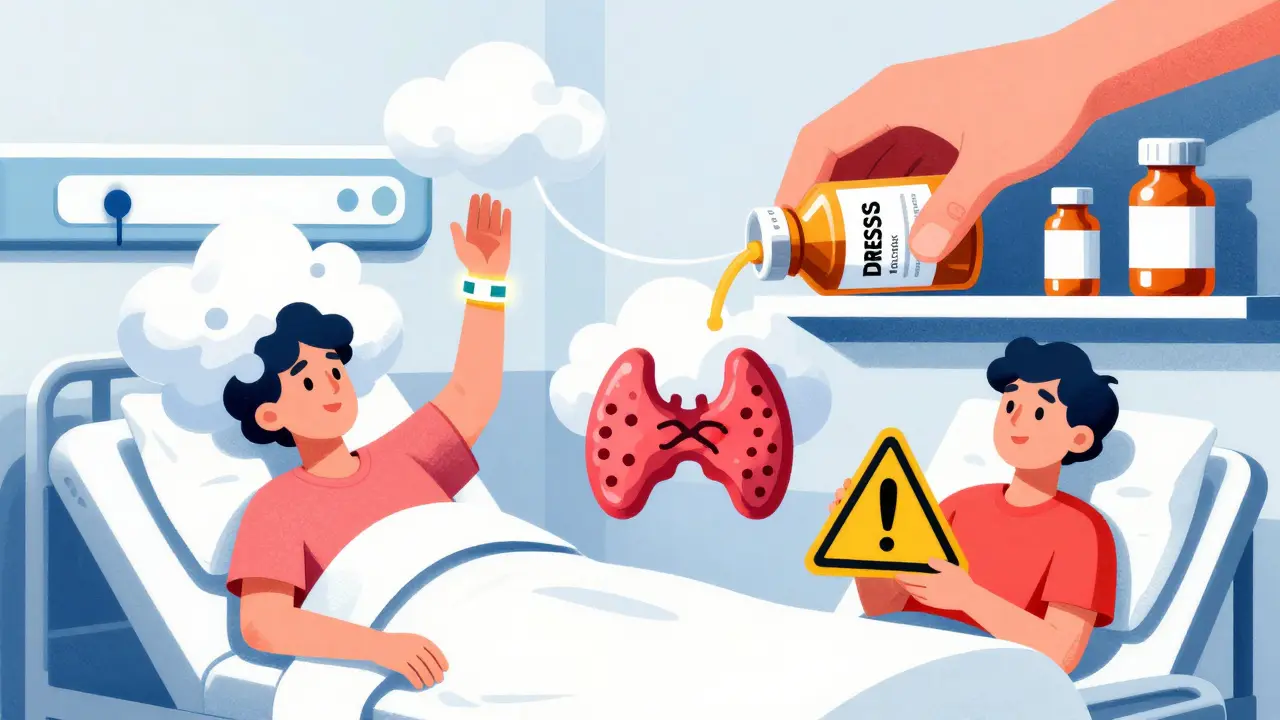 Patients emerging from illness clouds, one with a glowing medical bracelet, as a hand replaces a dangerous drug with a safer alternative.