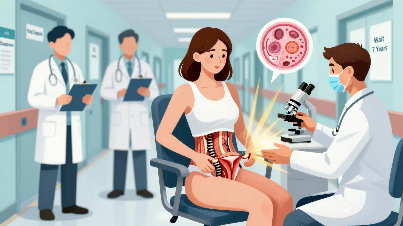 Pelvic floor muscles as coiled springs pulling on internal organs, with therapist releasing tension.