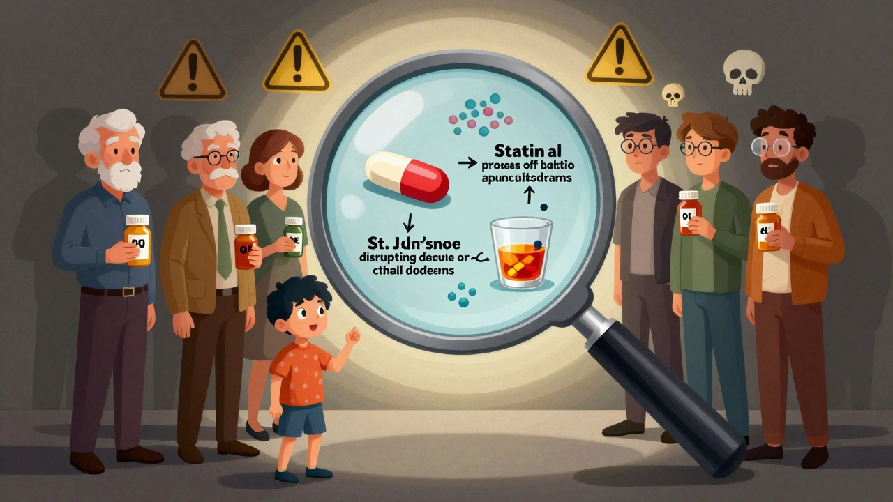People gathered around a magnifying glass revealing hidden drug interactions with grapefruit, supplements, and alcohol.