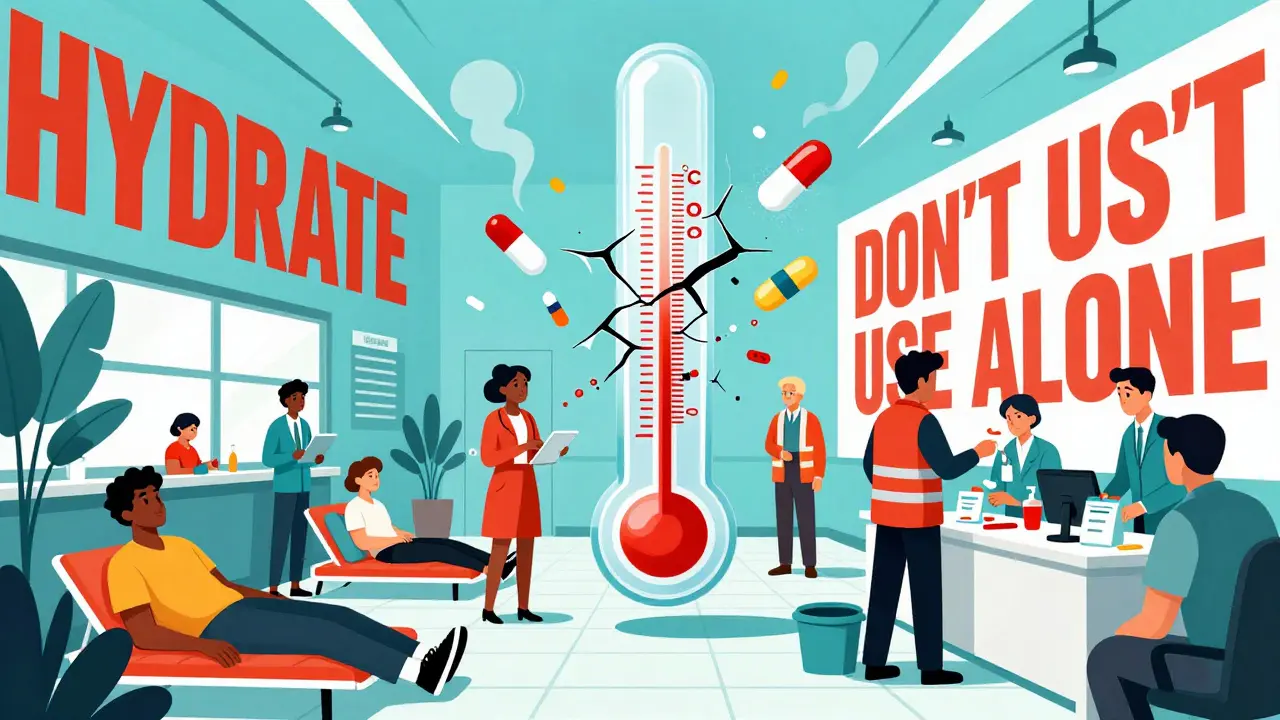 People in a cooling center receiving water and naloxone, with a cracking thermometer and floating medication icons.