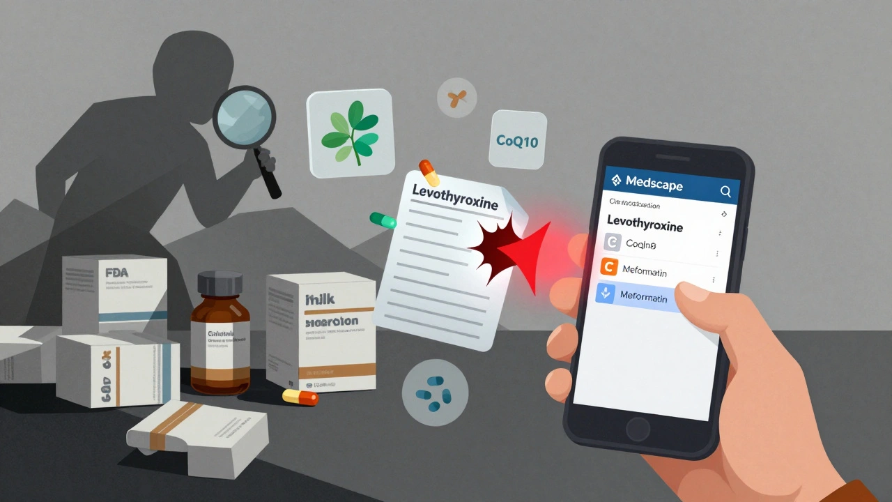 Person checking drug interactions on a phone, with floating supplement icons clashing with medical charts in fragmented Constructivist style.