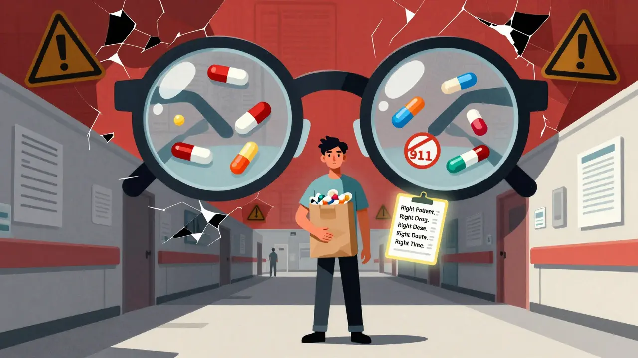 Person holding brown bag of meds under magnifying glasses revealing hidden dangers, with a floating safety checklist.