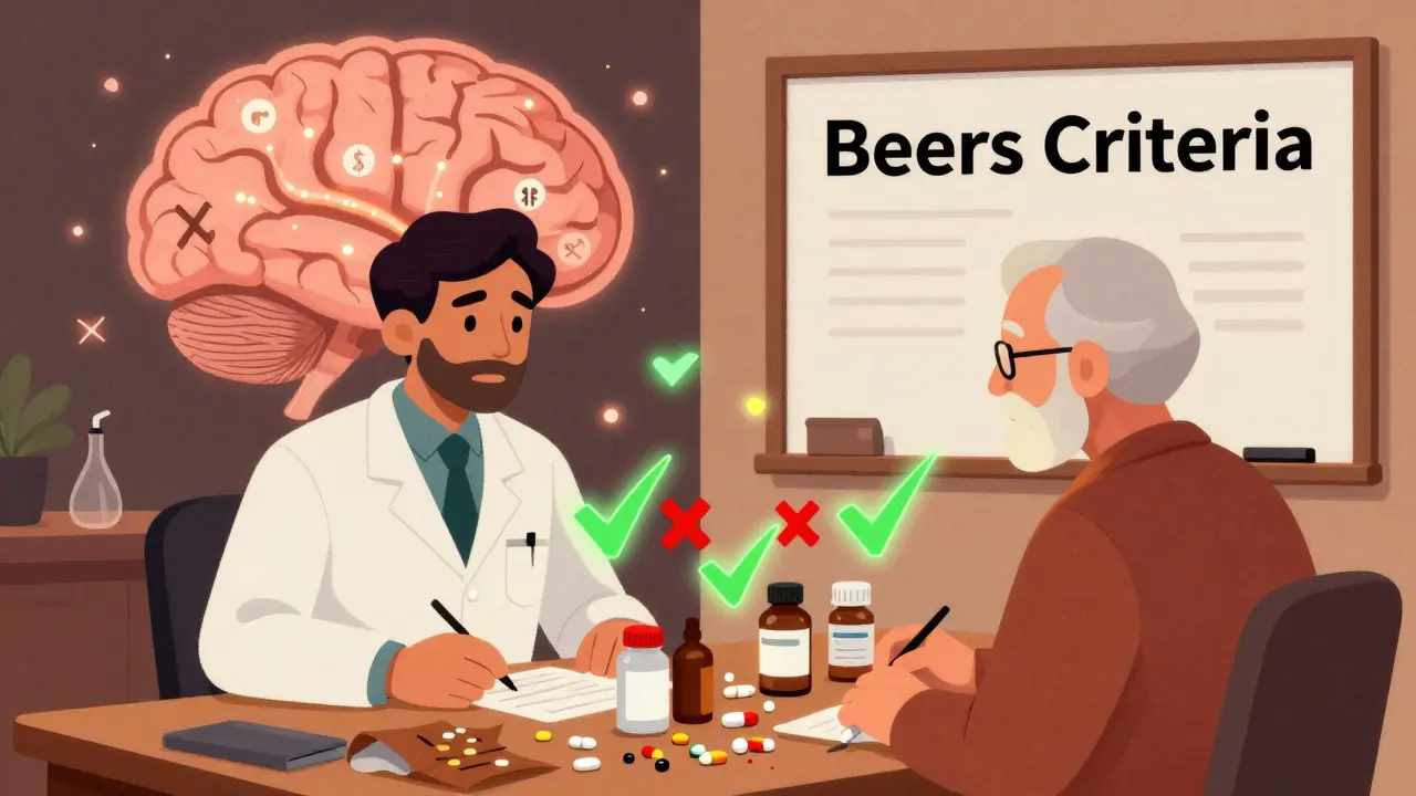 Pharmacist and senior reviewing pills from a brown bag, geometric checkmarks and X&#039;s above each drug, brain diagram in background.