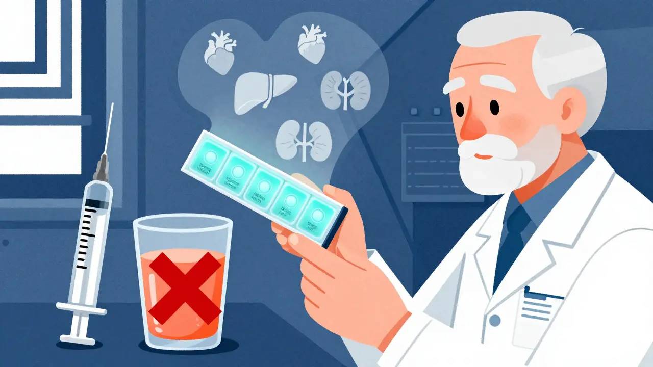 Senior using a smart pill dispenser with glowing compartments, insulin syringe and grapefruit juice marked with a red X.