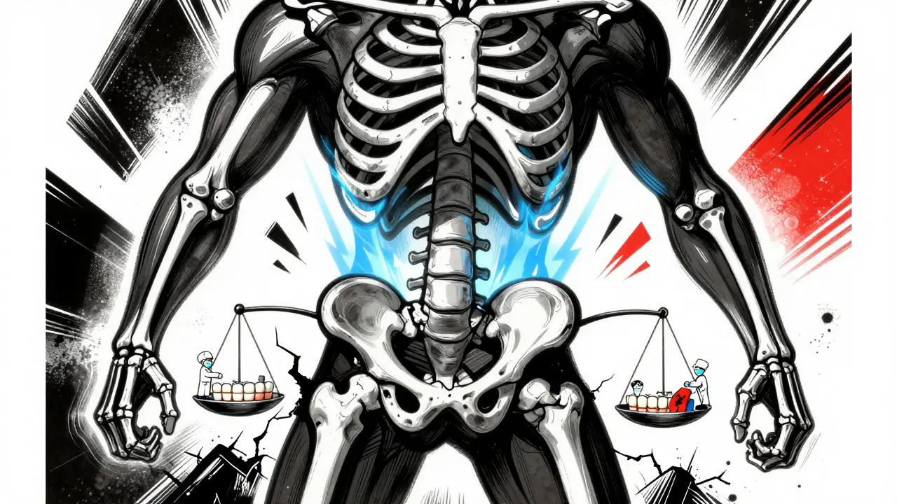 Split-body figure with strong skeleton above and damaged jaw below, balanced by medical scales