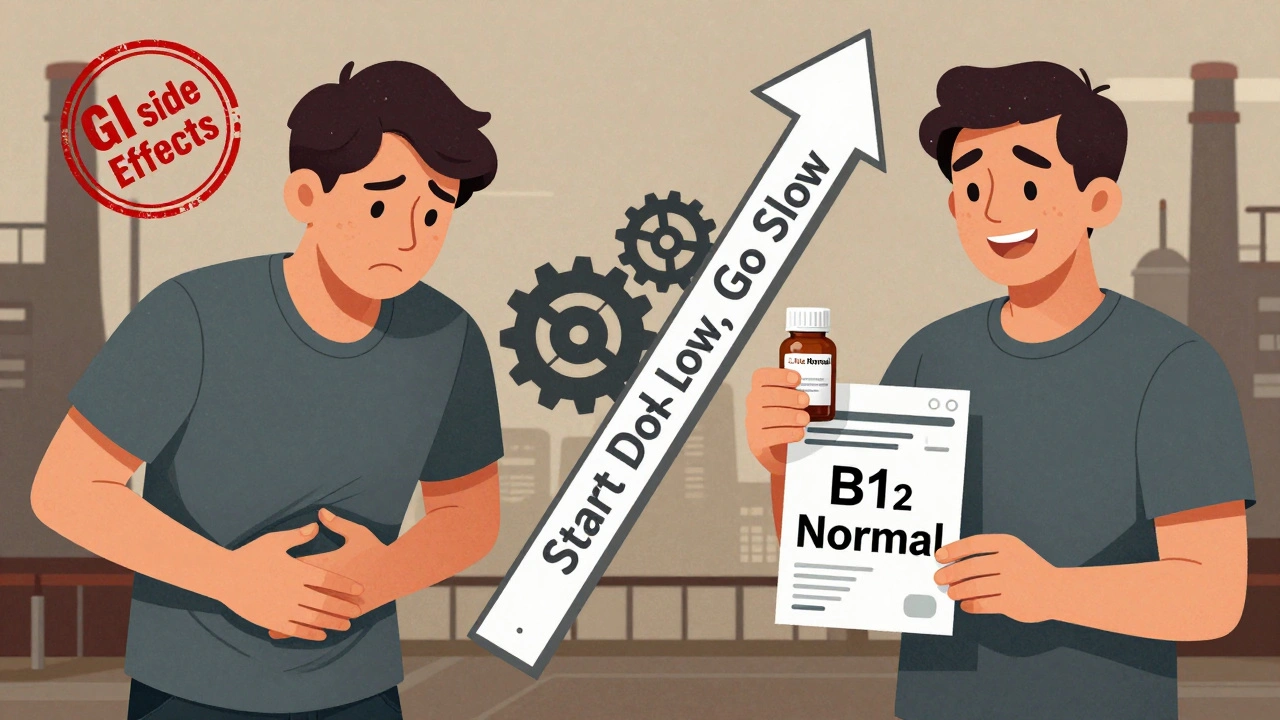 Split illustration: one side shows stomach discomfort, the other shows relief with XR pill and normal B12 test results.