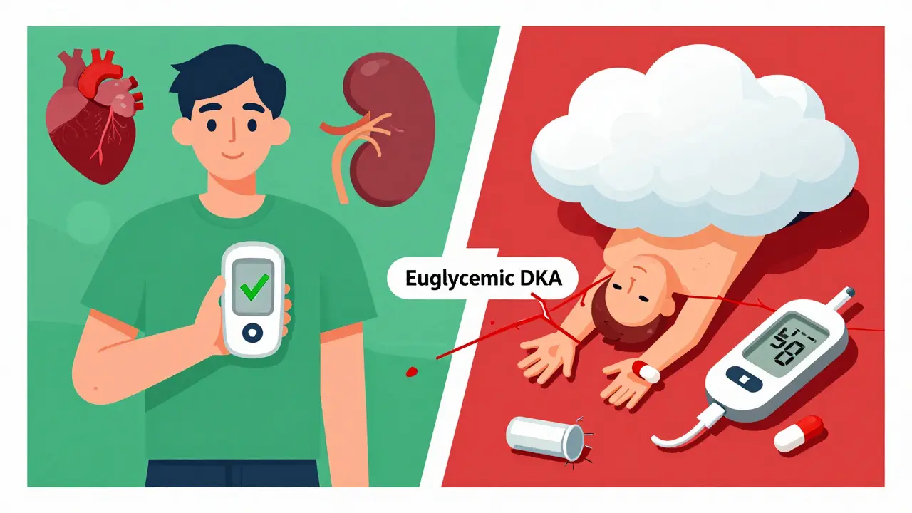 Split illustration: safe patient with ketone meter vs. collapsed figure with shattered glucose monitor.