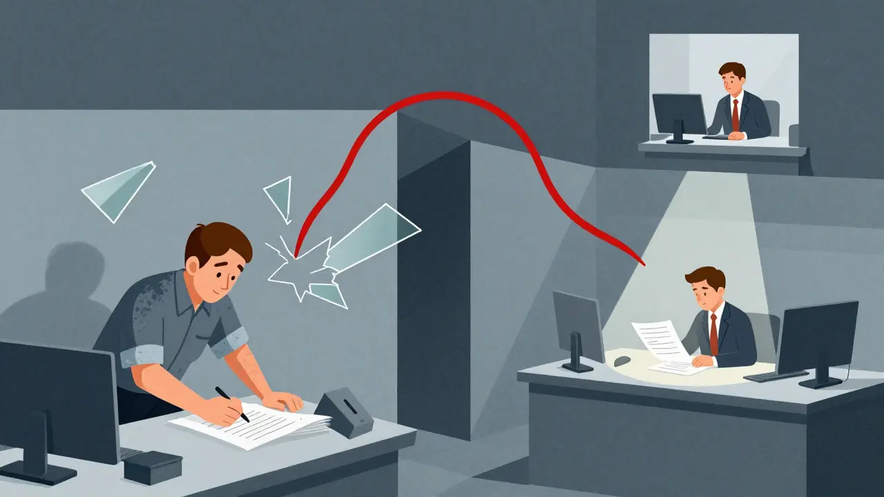 Split office: production pressure on one side, QA inspector isolated above with direct line to CEO.