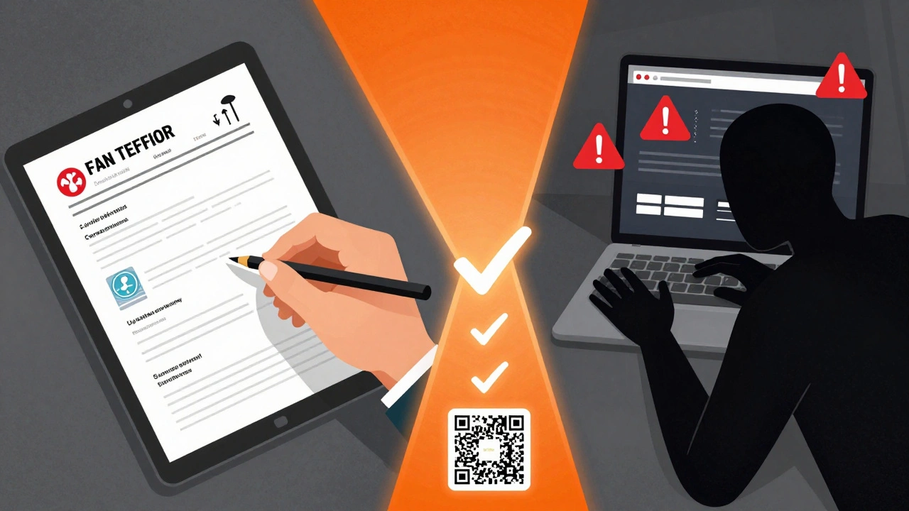 Split scene: honest health profile vs. illegal sample resale, connected by ethical pathway with QR codes and warning signs.