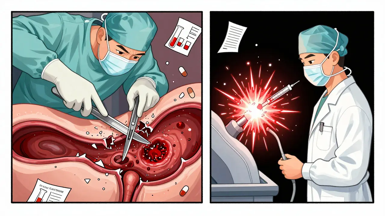 Surgeon removing endometriosis lesions from a bladder, with diagnostic tools failing in the background.