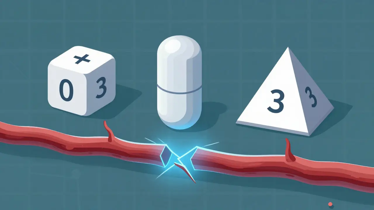 Three stylized antiviral pills as geometric shapes with dosage labels, aligned diagonally above a fractured nerve.
