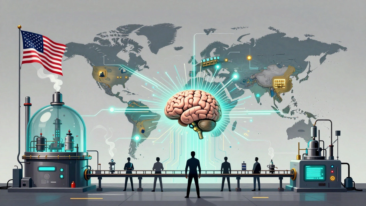 Three supply lines: U.S. factory, global network, and AI predictor, geometric and colorful Constructivist design.