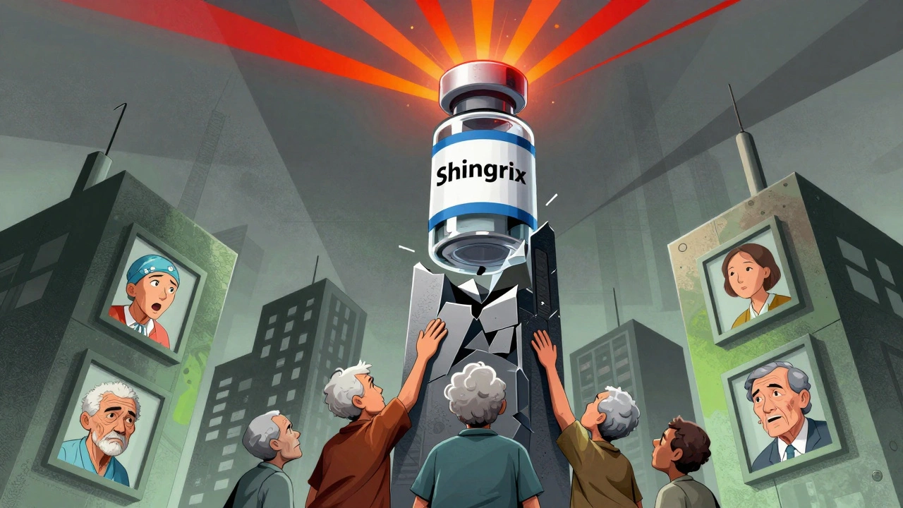 Towering Shingrix vial emitting immunity rays over a city of immunocompromised individuals, abstract industrial backdrop.