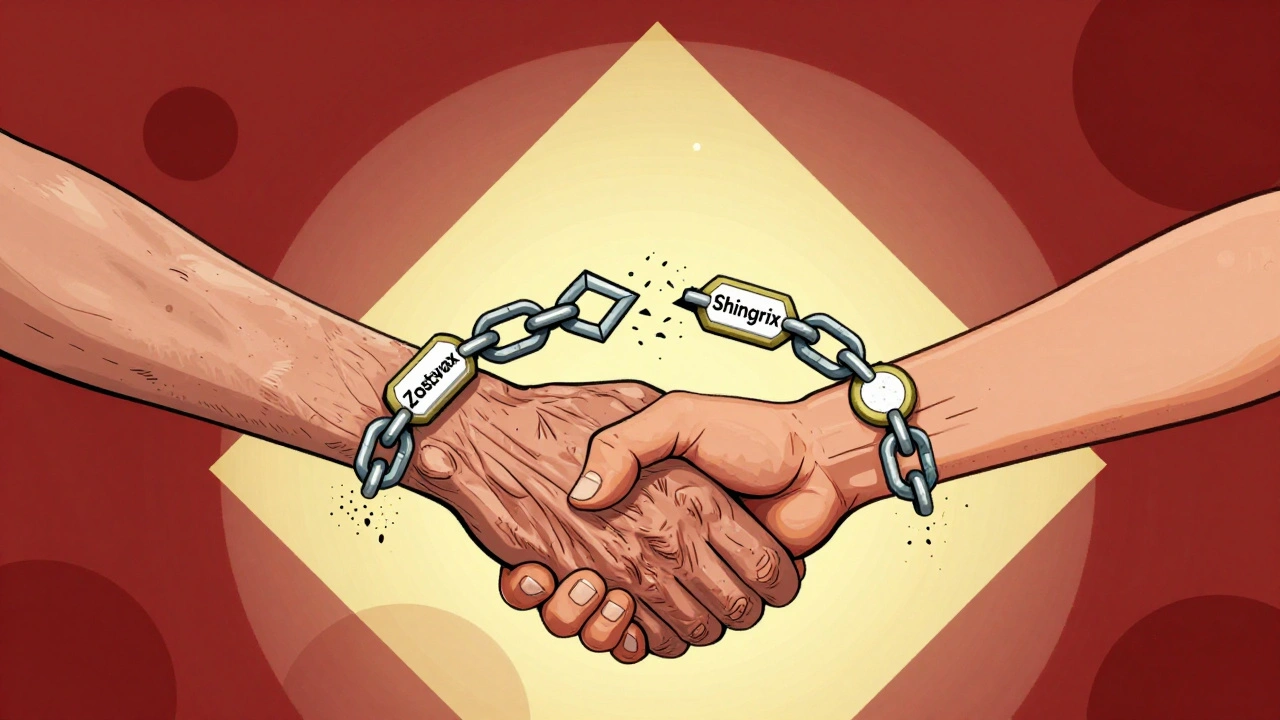 Two hands forming a new geometric chain of Shingrix while breaking old Zostavax chain, symbolic abstract composition.