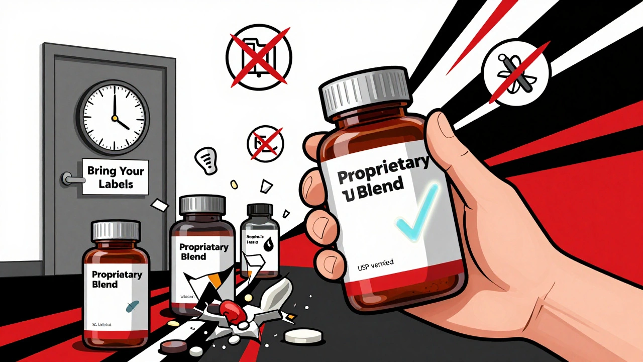 USP-verified bottle glowing amid shattered proprietary blends, with crossed-out dangerous ingredients and a doctor’s door in background.
