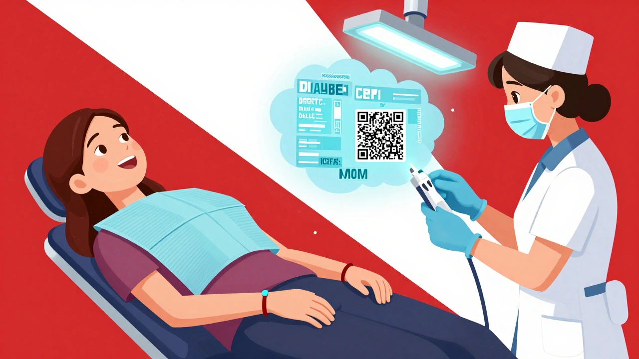 Woman collapsing during dental visit, medical bracelet visible, connected to digital health data.