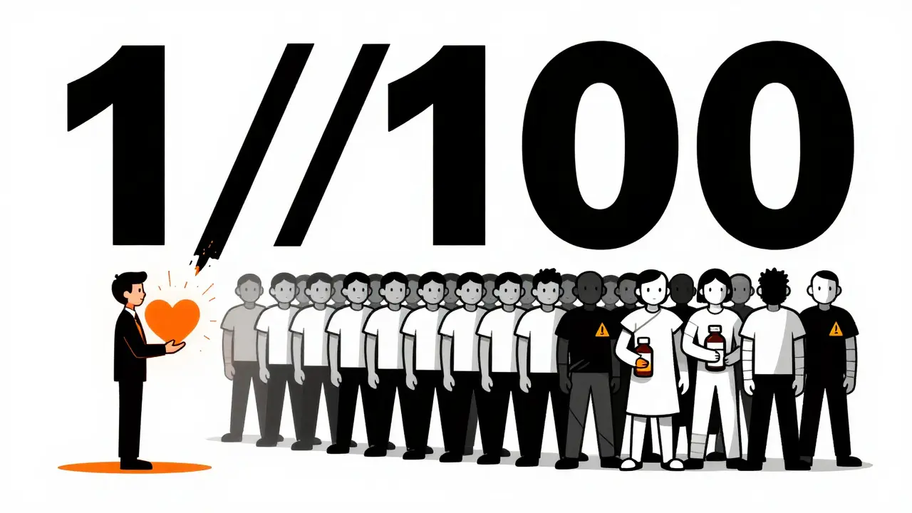 100 people in line, one benefiting from drug, others unaffected, with NNT=100 displayed above