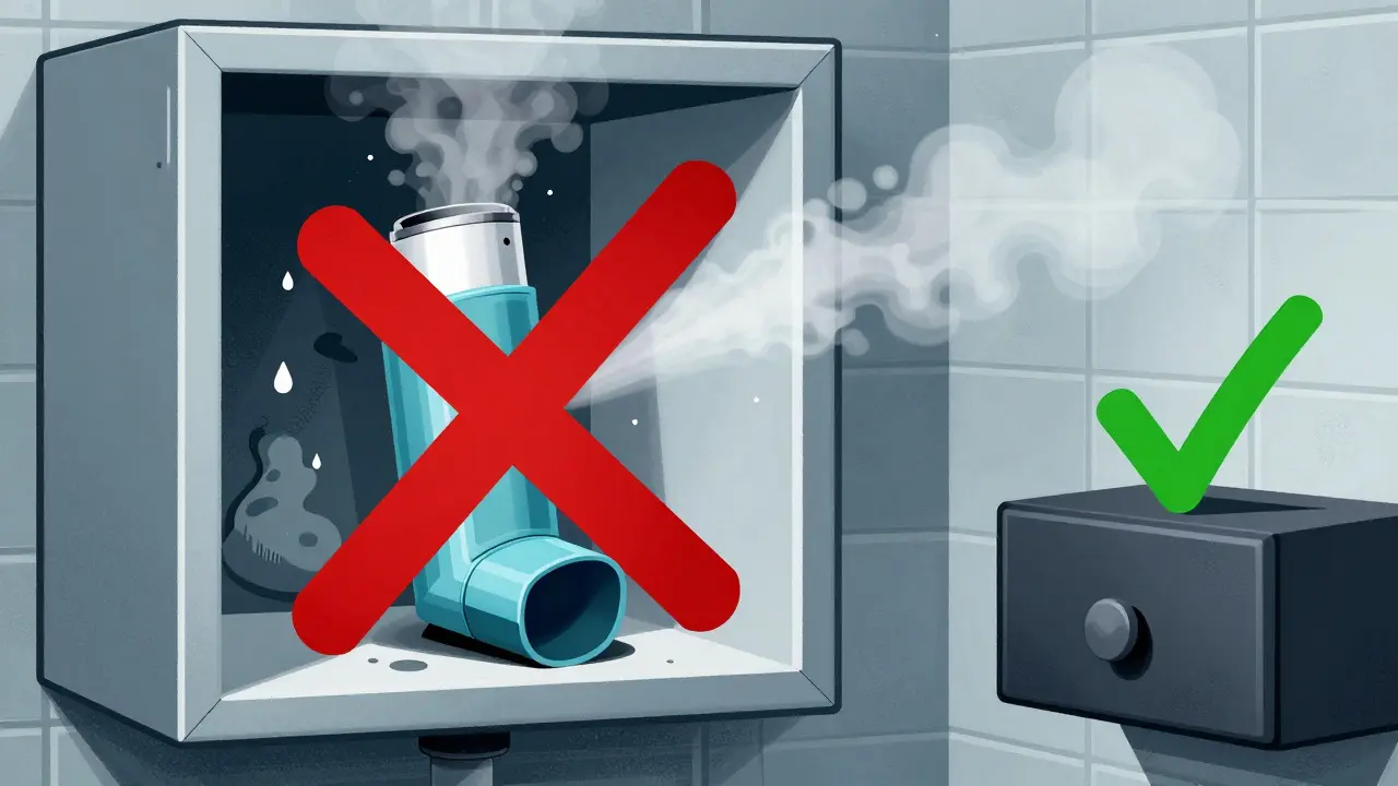 A dry powder inhaler exposed to bathroom steam, with clumped medication and a safe storage drawer nearby.