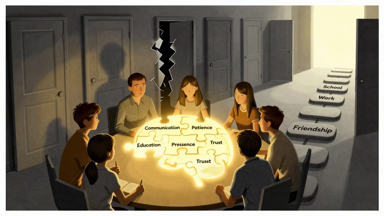 A family completing a brain-shaped puzzle with words like trust and communication, symbolizing recovery through support.