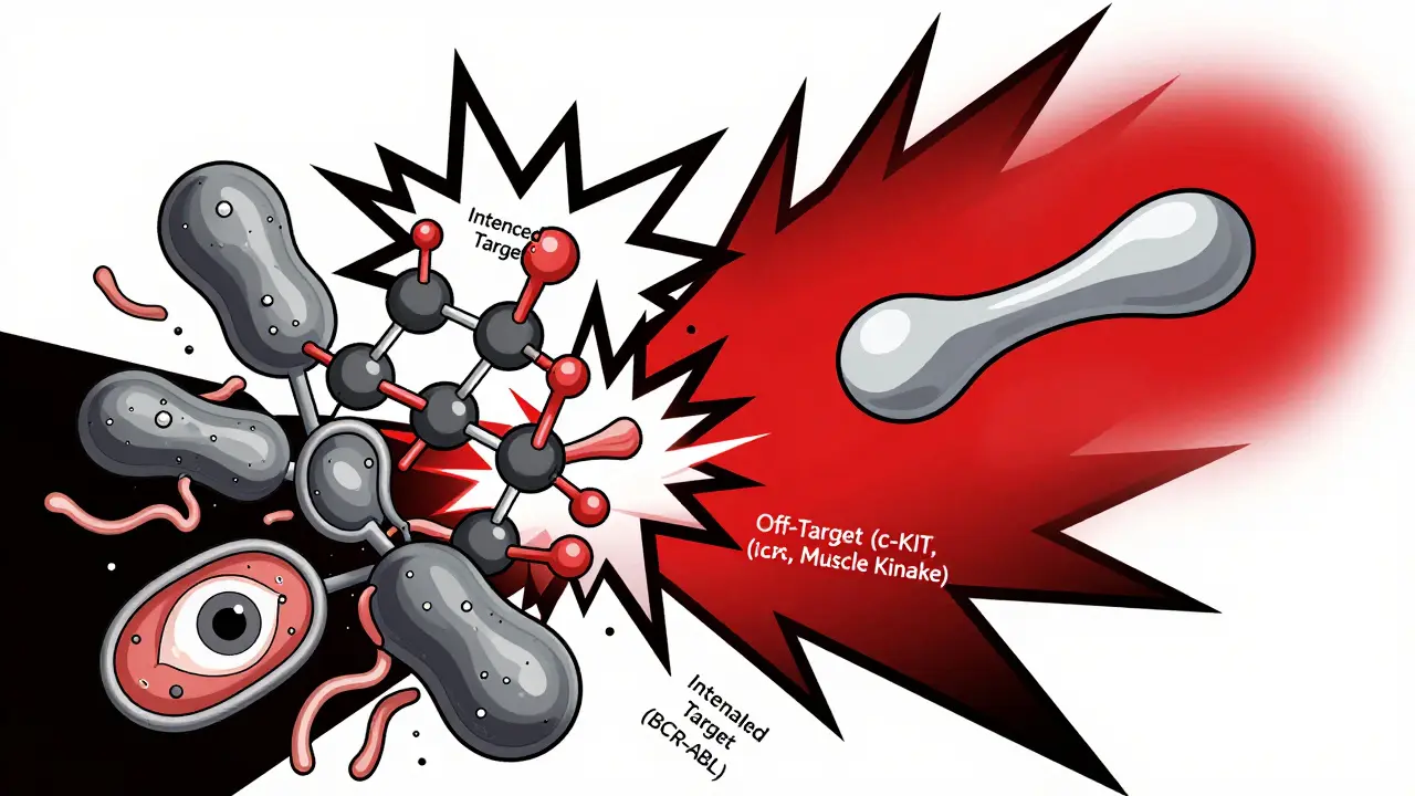 A jagged drug molecule collides with proteins, causing unintended damage to muscle and eye tissue.