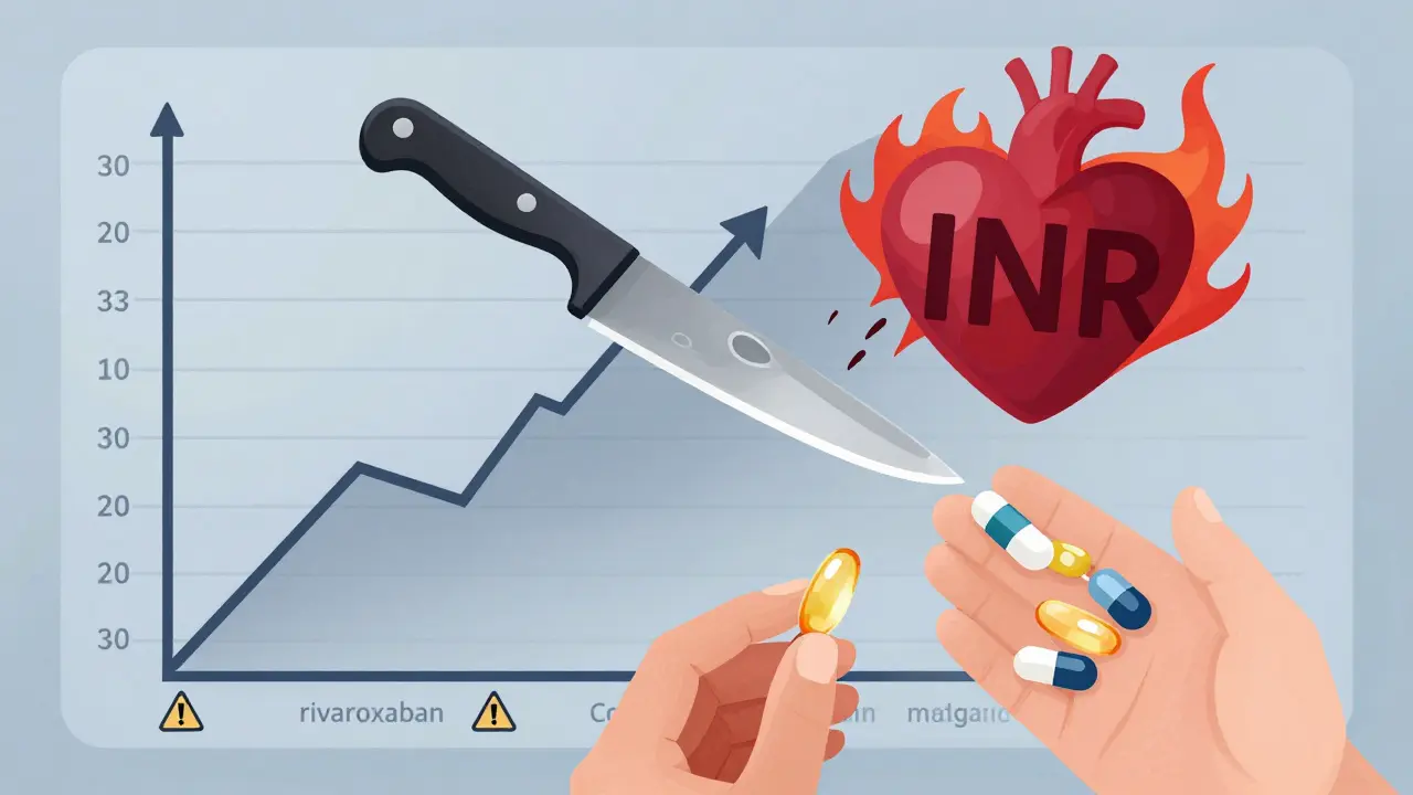 A medical chart with a rising INR graph stabbing a heart, surrounded by dangerous pills and safer alternatives in contrasting shapes.