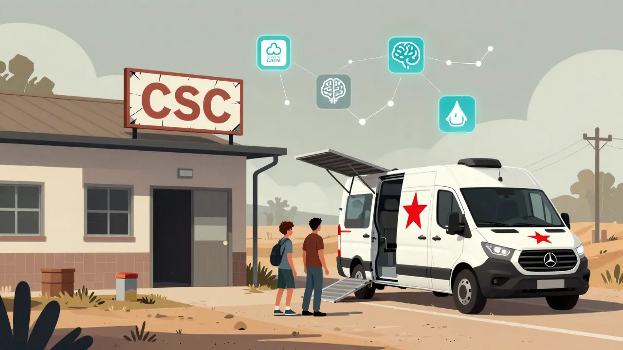 A mobile crisis team arriving in a rural area to help a teen and parent, with digital health symbols in the sky.