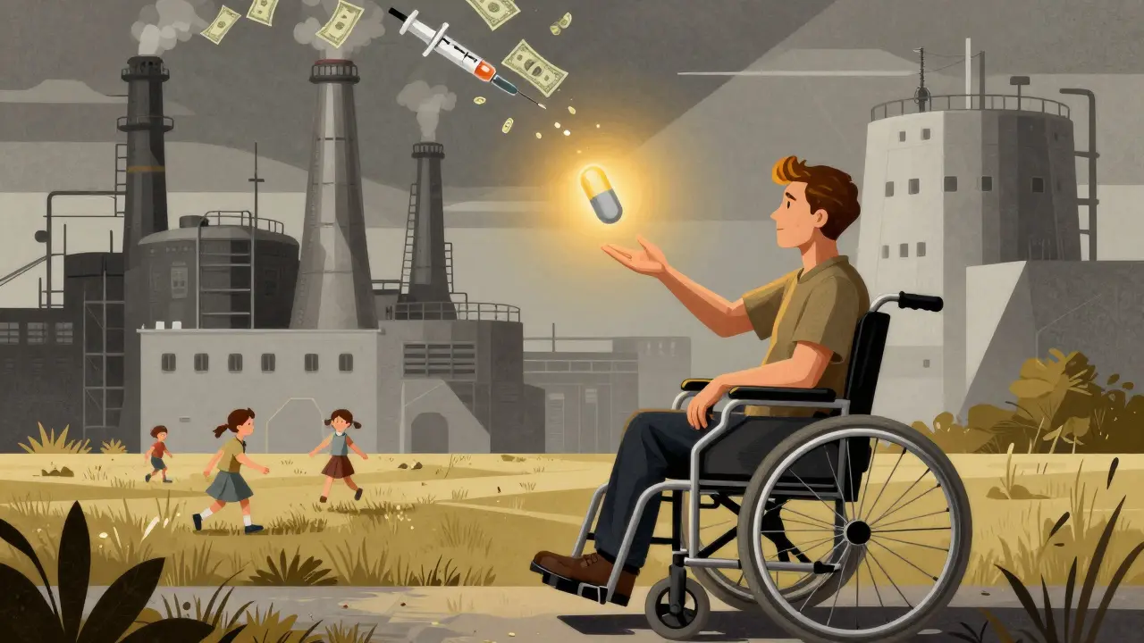 A patient reaching for a glowing pill while a factory spews money and syringes, with children playing in the background in a stylized industrial scene.