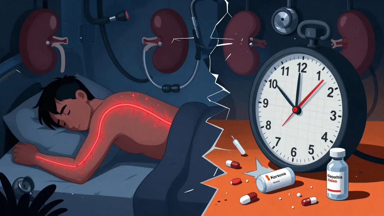 A patient suffering severe nighttime itching with a 5-D Itch Scale score of 18, medical tools shattered nearby.