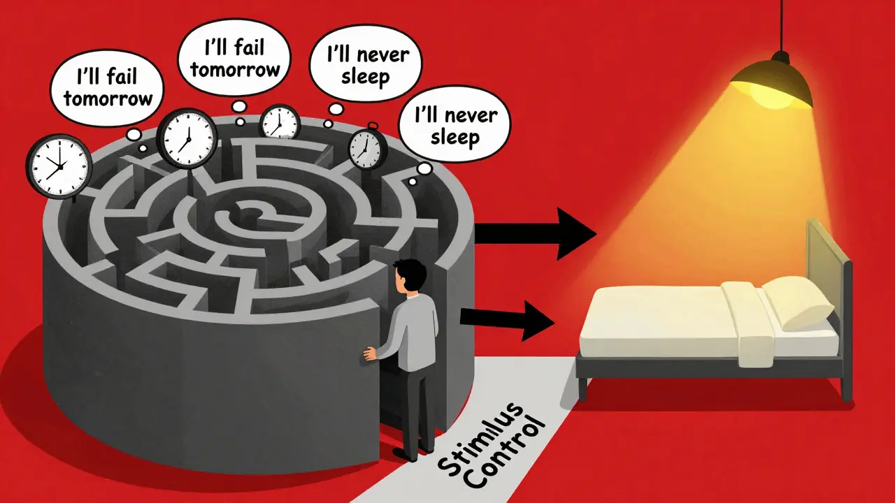 A person escaping an anxiety maze toward a calm bed, guided by clear paths in Constructivist style.