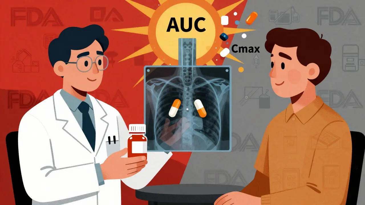 A pharmacist giving a pill bottle while blood flow shows equal drug absorption, with geometric AUC and Cmax symbols rising.