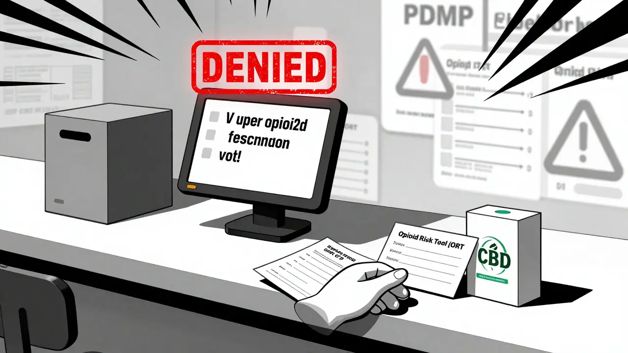 A pharmacy screen blocks a seven-day opioid script while a three-day prescription and alternative therapies are handed out.
