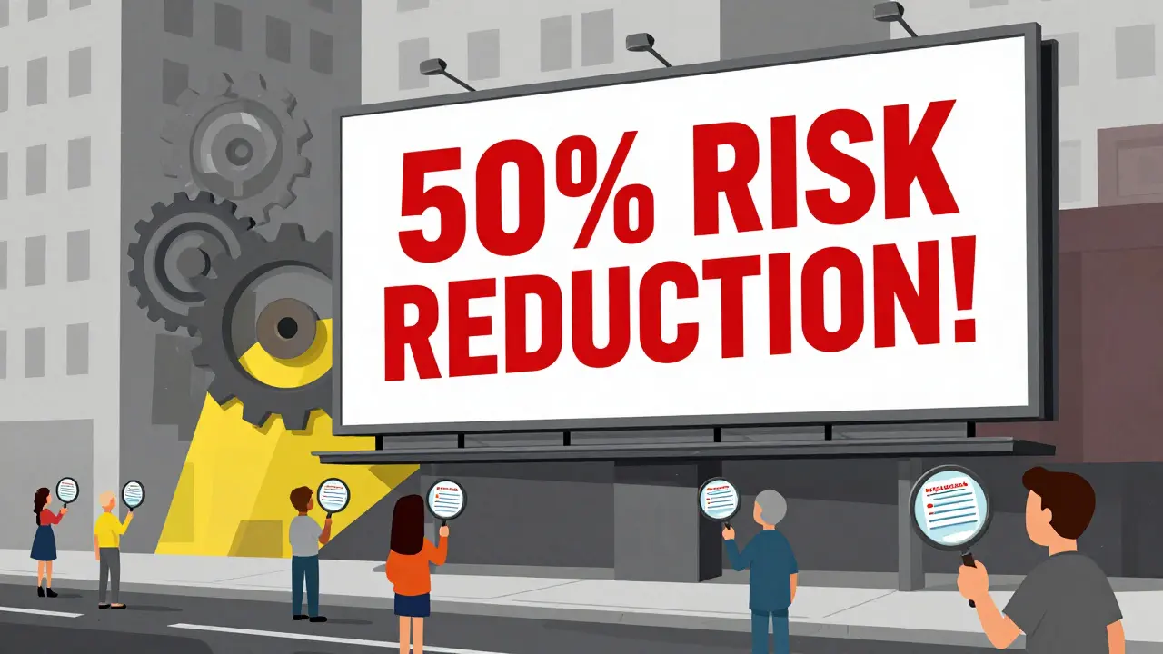 Big pharmaceutical ad with '50% reduction' above citizens discovering the true 1% risk change