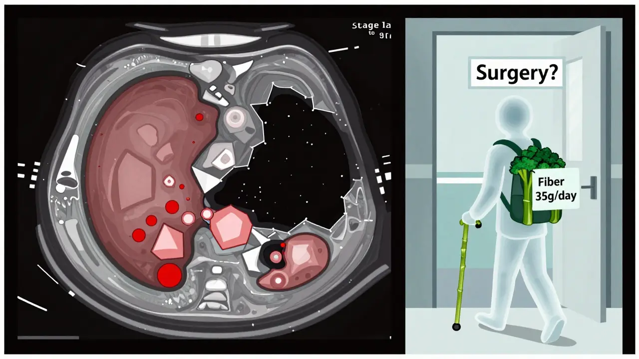 CT scan as cubist abdomen showing diverticulitis stages with fiber symbols