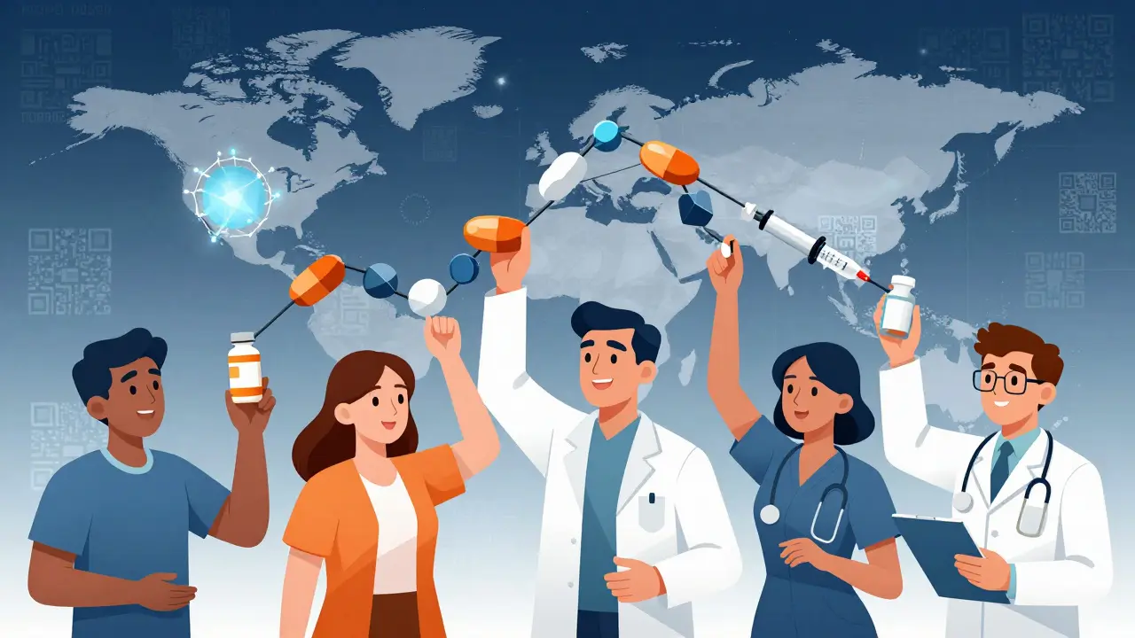 Diverse group of people forming a geometric chain while holding suspicious medications, rising against global map backdrop.