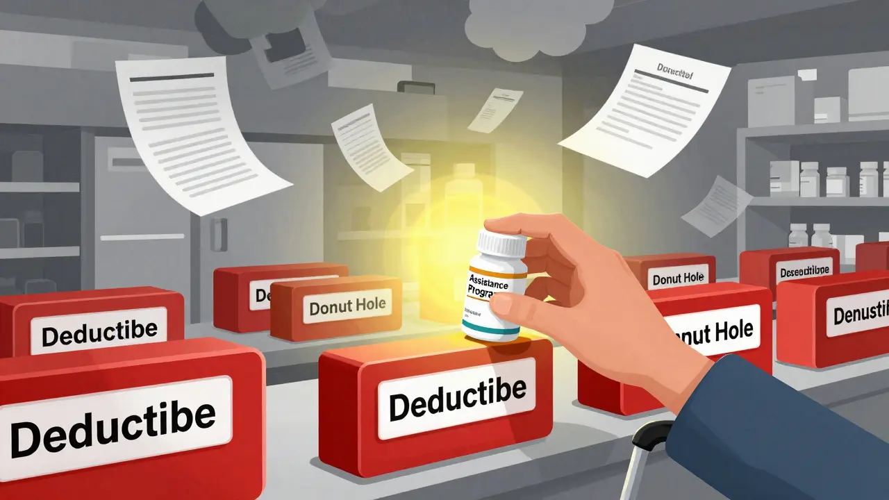 Diverse hands reaching for medicine blocked by red barriers, one hand grasping an assistance bottle under warm light in a Constructivist composition.