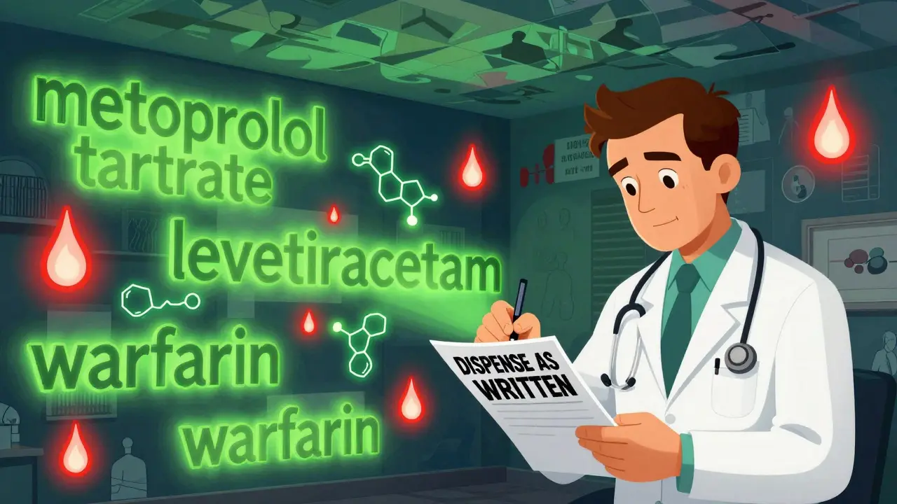 Doctor writes 'dispense as written' as drug names float in stylized typography, some glowing safe, others flickering danger, surrounded by patient shapes.
