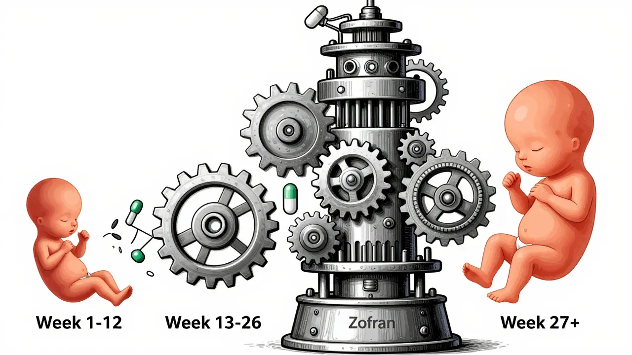 Fetal development as a machine with dangerous and safe medications affecting its gears.