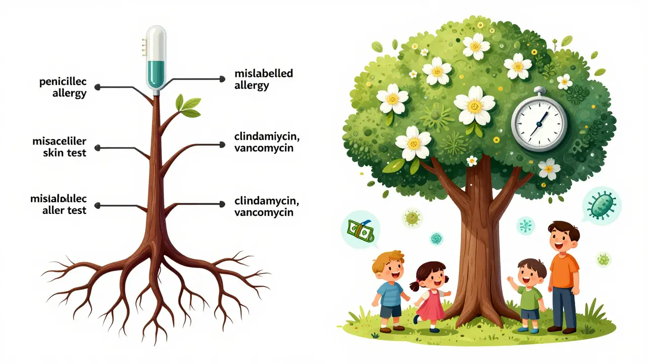 Medical chart as a tree: toxic antibiotics vs. penicillin test blooming with clean flowers and dollar signs