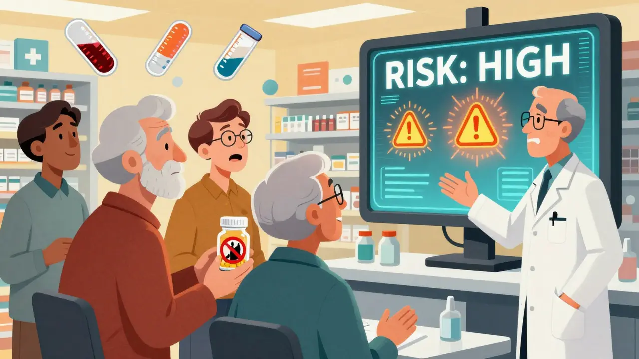 Older adults in a pharmacy confronting alcohol interaction warnings on a digital screen.