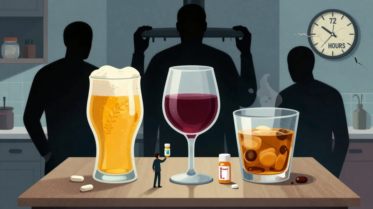 Oversized drinks tower over a person with pill bottles, surrounded by shadowy dangerous medications.