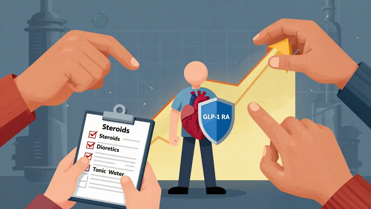 Patient's blood sugar graph being pulled by harmful drugs while GLP-1 RA stabilizes it